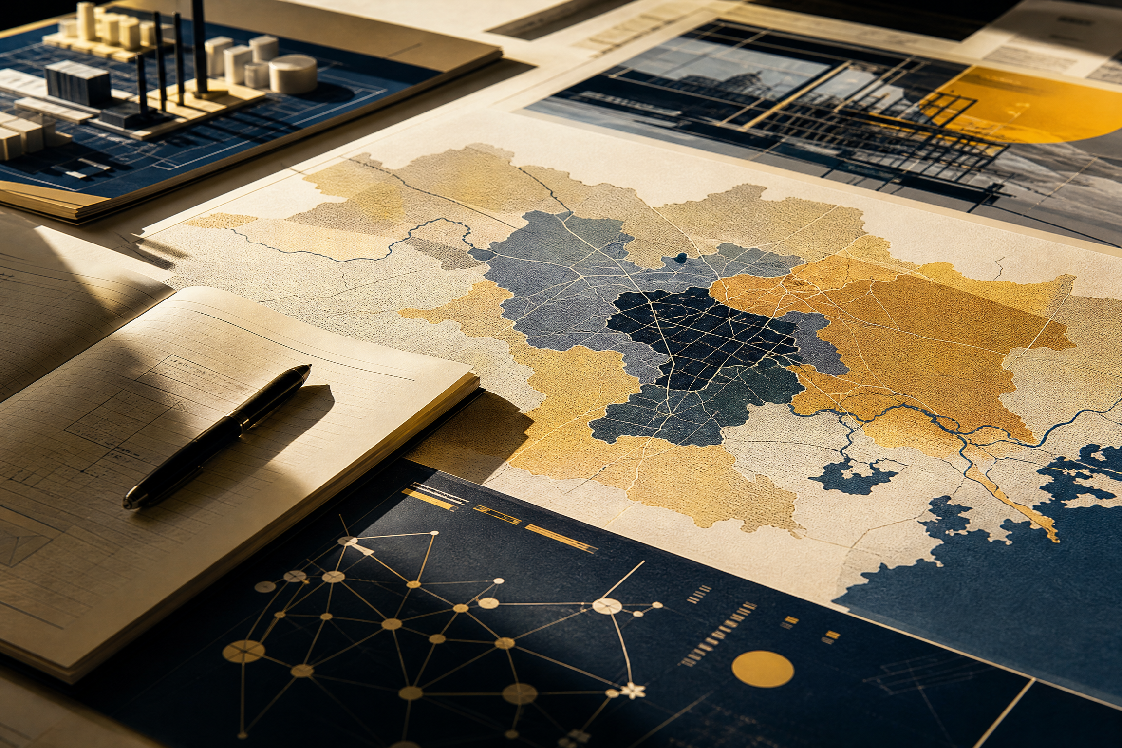 Mesa de planejamento com mapa e caderno