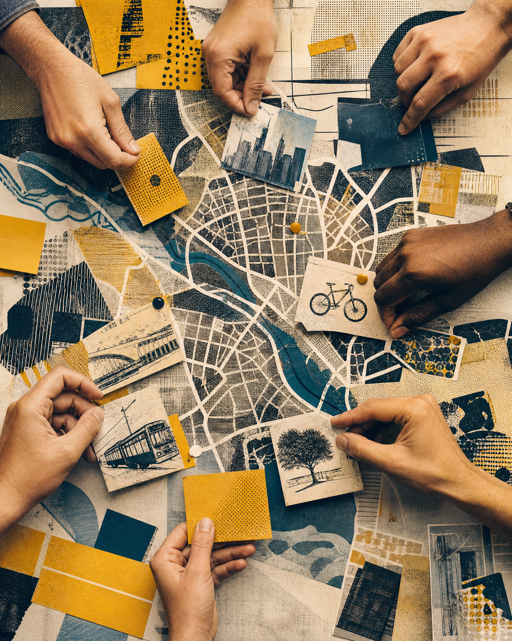 Mãos colaborando sobre um mapa